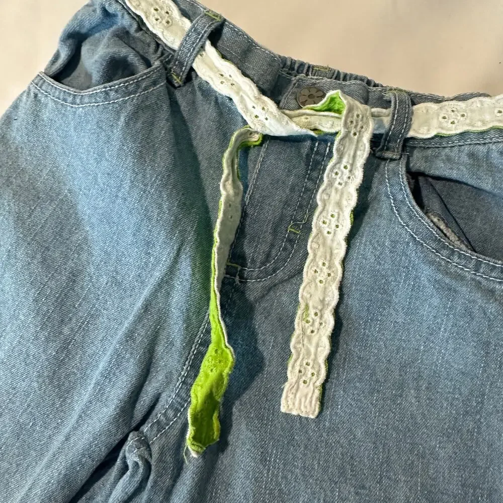 Vintage 2000s Y2K Kids Headquarters Green Flower Patchwork Jeans w/ Belt Sz 5